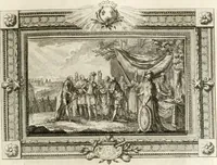 An illustration from Sacre et couronnement de Louis XVI roi de France et de Navarre à Rheims, le 11 juin 1775 : précédé de Recherches sur le sacre des rois de France, depuis Clovis jusqu'a Louis XV : et suivi d'un Journal historique de ce qui s'est passé a cette auguste cérémonie : enrichi d'un très-grand nombre de figures en taille-douce, gravées par le sieur Patas, avec leurs explications (1775)