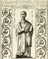An illustration from Sacrosanctus Evangeliorum codex S. Eusebii Magni, episcopi et martyris, manu exaratus, ex autographo Basilicae vercellensis, ad unguem exhibitus, nunc primum in lucem prodit, opera et studio Joannis Andreae Irici Tridinensis, Collegii Ambrosiani Doctoris, cum ejusdem praefatione, notis, & concordantibus aliorum codicum, & ss. pp. lectionibus (1748)