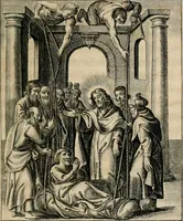 An illustration from Sacrvm oratorivm piarvm imaginvm immacvlatae Mariae et animae creatae : ac baptismo, poenitentia, et evcharistia innovatae : ars nova bene vivendi et moriende, sacris piarum imaginum emblematis figurata & illustrata (1634)