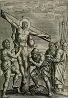 An illustration from Sacrvm sanctvarivm crvcis et patientiae crvcifixorvm et crvciferorvm, emblematicis imaginibvs laborantivm et aegrotantivm ornatvm: artifices gloriosi novae artis bene vivendi et moriendi (1634)