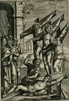 An illustration from Sacrvm sanctvarivm crvcis et patientiae crvcifixorvm et crvciferorvm, emblematicis imaginibvs laborantivm et aegrotantivm ornatvm: artifices gloriosi novae artis bene vivendi et moriendi (1634)