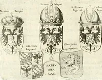 An illustration from Aquila sancta, siue Bauarica : elogiis, hieroglyphicis, numismatibus, insignibus, symbolis, imaginibus antiquis ad viuum exculpta, & longa historiarum serie exarata : vt nihil relictum sit, quod prisci, vel hodierni habeant annales, sed diplomata, leges, indulta, genealogiae, donationes, priuilegia offeruntur congesta : accedit tractatus sacrolegalis, & historicopoliticus ... (1674)