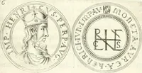 An illustration from Aquila sancta, siue Bauarica : elogiis, hieroglyphicis, numismatibus, insignibus, symbolis, imaginibus antiquis ad viuum exculpta, & longa historiarum serie exarata : vt nihil relictum sit, quod prisci, vel hodierni habeant annales, sed diplomata, leges, indulta, genealogiae, donationes, priuilegia offeruntur congesta : accedit tractatus sacrolegalis, & historicopoliticus ... (1674)