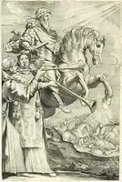 An illustration from Aquila sancta, siue Bauarica : elogiis, hieroglyphicis, numismatibus, insignibus, symbolis, imaginibus antiquis ad viuum exculpta, & longa historiarum serie exarata : vt nihil relictum sit, quod prisci, vel hodierni habeant annales, sed diplomata, leges, indulta, genealogiae, donationes, priuilegia offeruntur congesta : accedit tractatus sacrolegalis, & historicopoliticus ... (1674)