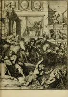 An illustration from Schouburgh der Nederlandse veranderingen : geopent in ses tooneelen, waer op de wisselbeurten des Vereenigde Staets door den Fransen oorlog gebrouwen : in historieele sinnebeelden vertoont en beschreven zijn (1674)