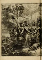 An illustration from Schouburgh der Nederlandse veranderingen : geopent in ses tooneelen, waer op de wisselbeurten des Vereenigde Staets door den Fransen oorlog gebrouwen : in historieele sinnebeelden vertoont en beschreven zijn (1674)