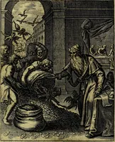An illustration from Schouwtoneel des menschelyken leevens, of, Lessen der wysheid : uytgedrukt in 103. fraaye konstplaaten, welker zinspeelingen uyt Horatius verzaamellt zyn (1755)