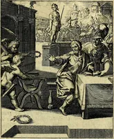 Picture 69 of 105 from Schouwtoneel des menschelyken leevens, of, Lessen der wysheid : uytgedrukt in 103. fraaye konstplaaten, welker zinspeelingen uyt Horatius verzaamellt zyn (1755), leaf 280
