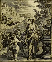 An illustration from Schouwtoneel des menschelyken leevens, of, Lessen der wysheid : uytgedrukt in 103. fraaye konstplaaten, welker zinspeelingen uyt Horatius verzaamellt zyn (1755)