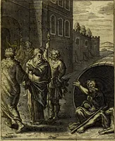 An illustration from Schouwtoneel des menschelyken leevens, of, Lessen der wysheid : uytgedrukt in 103. fraaye konstplaaten, welker zinspeelingen uyt Horatius verzaamellt zyn (1755)