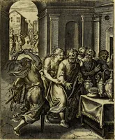 Picture 18 of 105 from Schouwtoneel des menschelyken leevens, of, Lessen der wysheid : uytgedrukt in 103. fraaye konstplaaten, welker zinspeelingen uyt Horatius verzaamellt zyn (1755), leaf 76