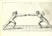 An illustration from Scola, overo, Teatro : nelquale sono rappresentate diuerse maniere e modi di parare e di ferire di spada sola, e di spada e pugnale : doue ogni studioso potrà essercitarsi & farsi prattico nella professione dell'armi (1628)