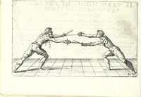An illustration from Scola, overo, Teatro : nelquale sono rappresentate diuerse maniere e modi di parare e di ferire di spada sola, e di spada e pugnale : doue ogni studioso potrà essercitarsi & farsi prattico nella professione dell'armi (1628)