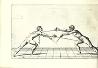 An illustration from Scola, overo, Teatro : nelquale sono rappresentate diuerse maniere e modi di parare e di ferire di spada sola, e di spada e pugnale : doue ogni studioso potrà essercitarsi & farsi prattico nella professione dell'armi (1628)