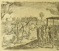 An illustration from Sechster Theil der Orientalischen Indien, Warhafftige historische Bechreibung dess gewaltigen Goldreichen Königreichs Guinea, sonst das Goltgestad von Mina genandt, so in Africa gelegen, : sampt derselben gantzen Beschaffenheit, auch Religion vnnd Opinion, Sitten vnnd Sprachen, Handel vnnd Wandel der Eynwohner daselbst: beneben einer kurtzen Erzelung, was die Schiffe, so dahin fahren wollen, für einen Lauff durch die Canarische Inseln, biss an das Cabo de Trespunctas, da das Goldgestadt sich anfänget, halten müssen. (1630)