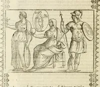 An illustration from Seconda nouissima editione delle Imagini de gli dei delli antichi di Vicenzo Cartari reggiano : ridotte da capo a piedi alle loro reali, & non più per l'adietro osseruate simiglianze : cauate da' marmi, bronzi, medaglie, gioie, & altre memorie antiche : con esquisito studio, & particolare diligenza (1626)
