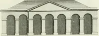 An illustration from Select architecture : being regular designs of plans and elevations well suited to both town and country : in which the magnificence and beauty, the purity and simplicity of designing, for every species of that noble art, is accurately treated, and with great variety exemplified, from the plain town-house to the stately hotel, and in the country from the genteel and convenient farm-house to the parochial church : with suitable embellishments : also bridges, baths, summer-houses, &c. ... : illustrated with fifty copper plates, quarto (1755)