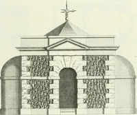 An illustration from Select architecture : being regular designs of plans and elevations well suited to both town and country : in which the magnificence and beauty, the purity and simplicity of designing, for every species of that noble art, is accurately treated, and with great variety exemplified, from the plain town-house to the stately hotel, and in the country from the genteel and convenient farm-house to the parochial church : with suitable embellishments : also bridges, baths, summer-houses, &c. ... : illustrated with fifty copper plates, quarto (1755)