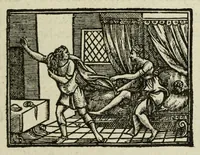 An illustration from Self-stryt, dat is, Crachtighe bevveginghe van vlees en gheest : poetischer wijse verthoont in den persoon ende uytte gheleghentheyt van Joseph, ten tijde hy van Potiphars huys-vrouwe wiert versocht tot overspel : mitsgaders schriftmatighe beschrijvinghe van de heymenisse ende eygenschap des Christelijcken self-strijts, met corte verclaringhe op de selve (1620)