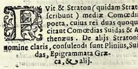 An illustration from Sententiae insignes Graecorum quinquag. comicorum, quorum opera integra non extant, Latino idiomate collectae : accessit vniuscuisq[ue] poetae vita accuratè conscripta, & Platonii fragmentum de comoedarium differentijs : poetarum nomina proximé praefationem sequuntur (1612)
