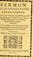 An illustration from Sermon del glorioso patriarcha S. Ioseph. : Esposo de Maria Santissima. En la festiuidad, que le dedica el muy noble y illustre Collegio de su advocacion de la ciudad de Manila. (1670)