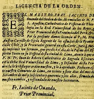 An illustration from Sermon en la festiva accion de gracias, que se hizo en la cathedral de la cuidad del Cuzco el domingo quarto de quaresma a Maria Santissima por la recuperacion de la cuidad de Valdiuia, y felices sucessos del Reyno de Chile deste ano de [1]647. : Celebrada por el Illmo. y Rmo. Sor. doctor don Iuan Alonso Ocon, obispo del Cuzco, del consejo de Su Magestad. (1647)