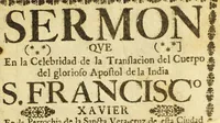 An illustration from Sermon que en la celebridad de la translacion del cuerpo del glorioso apostol de la India S. Francisco Xavier en la parrochia de la Sancta Vera-cruz de esta ciudad (1694)
