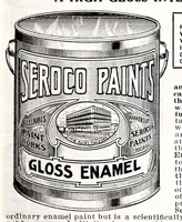 An illustration from Seroco paints : ready mixed house, barn, carriage, wagon and implement paints, shingle stains and preservatives, varnishes of every kind ... painters, glaziers and calciminers tools and supplies. (1915)