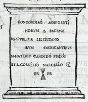 Picture 6 of 28 from Siciliae antiqvae tabvlae littorales latvs orientale Messana : in summo templo tutelae D. Mariae dicato prope sacrarium, iuxta secundum intercolumnium in lapide Granito-Siculo columella bicubitalis aquam lustralem sustinens (1625), leaf 25
