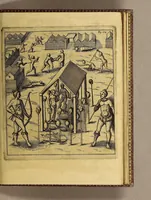 An illustration from Siebende Schiffahrt in das Goldreiche Königreich Guineam, in Africa gelegen, : so sonsten das Goldgestadt von Mina genan[n]t wird, welches von den Portugalesern vngefähr vor 200. Jahren erfunden, von den Holländern jnnerhalb 18. Jahren hero bekannt gemacht vnnd frequentirt, jetzt aber von ihnen erst recht erkündigt, vnnd in niderländischer Sprach beschrieben, da sie mit zweyen Schiffen auss demselben Lande Anno 1602. widerumb in Hollande ankommen. (1624)