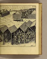 An illustration from Siebende Schiffahrt in das Goldreiche Königreich Guineam, in Africa gelegen, : so sonsten das Goldgestadt von Mina genan[n]t wirdt, welches von den Portugalesern vngefähr vor 200. Jahren erfunden, von den Holländern innerhalb 18. Jahren hero bekannt gemacht vnd frequentirt, jetzt aber von ihnen erst recht erkündigt, vnd in niderländischer Sprach beschrieben, da sie mit zweyen Schiffen auss demselben Lande Anno 1602. widerumb in Hollande ankommen. (1606)