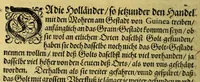 An illustration from Siebende Schiffahrt in das Goldreiche Königreich Guineam, in Africa gelegen, : so sonsten das Goldgestadt von Mina genan[n]t wirdt, welches von den Portugalesern vngefähr vor 200. Jahren erfunden, von den Holländern innerhalb 18. Jahren hero bekannt gemacht vnd frequentirt, jetzt aber von ihnen erst recht erkündigt, vnd in niderländischer Sprach beschrieben, da sie mit zweyen Schiffen auss demselben Lande Anno 1602. widerumb in Hollande ankommen. (1606)