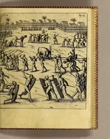 An illustration from Siebende Schiffahrt in das Goldreiche Königreich Guineam, in Africa gelegen, : so sonsten das Goldgestadt von Mina genan[n]t wirdt, welches von den Portugalesern vngefähr vor 200. Jahren erfunden, von den Holländern innerhalb 18. Jahren hero bekannt gemacht vnd frequentirt, jetzt aber von ihnen erst recht erkündigt, vnd in niderländischer Sprach beschrieben, da sie mit zweyen Schiffen auss demselben Lande Anno 1602. widerumb in Hollande ankommen. (1606)
