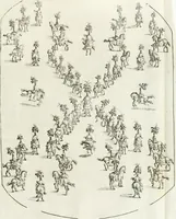 An illustration from Sieg-Streit dess Lufft vnd Wassers : Freuden-Fest zu Pferd zu dem glorwürdigisten Beyläger beeder kayserlichen Majestäten Leopoldi dess Ersten, römischen Kaysers ... vnd Margarita, gebohrner königlichen Infantin auss Hispanien : dargestellet in dero kayserlichen Residenz Statt Wienn (1667)