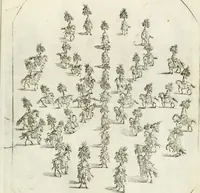An illustration from Sieg-Streit dess Lufft vnd Wassers : Freuden-Fest zu Pferd zu dem glorwürdigisten Beyläger beeder kayserlichen Majestäten Leopoldi dess Ersten, römischen Kaysers ... vnd Margarita, gebohrner königlichen Infantin auss Hispanien : dargestellet in dero kayserlichen Residenz Statt Wienn (1667)
