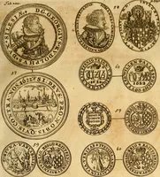An illustration from Silesia numismatica, oder, Einleitung zu dem schlesischen Müntz-Cabinet : in welchem biss 368 Theils sehr alte rare und schöne, im Lande verfertigte Müntzen durch accurate Kupffer gewiesen, umbständlich erkläret und dabey viele in der schlesischen Historie begangene Fehler deutlich endecket werden (1711)