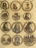 An illustration from Silesia numismatica, oder, Einleitung zu dem schlesischen Müntz-Cabinet : in welchem biss 368 Theils sehr alte rare und schöne, im Lande verfertigte Müntzen durch accurate Kupffer gewiesen, umbständlich erkläret und dabey viele in der schlesischen Historie begangene Fehler deutlich endecket werden (1711)
