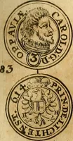 An illustration from Silesia numismatica, oder, Einleitung zu dem schlesischen Müntz-Cabinet : in welchem biss 368 Theils sehr alte rare und schöne, im Lande verfertigte Müntzen durch accurate Kupffer gewiesen, umbständlich erkläret und dabey viele in der schlesischen Historie begangene Fehler deutlich endecket werden (1711)