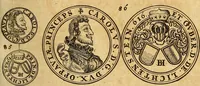 An illustration from Silesia numismatica, oder, Einleitung zu dem schlesischen Müntz-Cabinet : in welchem biss 368 Theils sehr alte rare und schöne, im Lande verfertigte Müntzen durch accurate Kupffer gewiesen, umbständlich erkläret und dabey viele in der schlesischen Historie begangene Fehler deutlich endecket werden (1711)