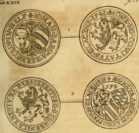 An illustration from Silesia numismatica, oder, Einleitung zu dem schlesischen Müntz-Cabinet : in welchem biss 368 Theils sehr alte rare und schöne, im Lande verfertigte Müntzen durch accurate Kupffer gewiesen, umbständlich erkläret und dabey viele in der schlesischen Historie begangene Fehler deutlich endecket werden (1711)