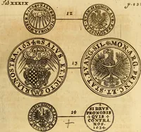 An illustration from Silesia numismatica, oder, Einleitung zu dem schlesischen Müntz-Cabinet : in welchem biss 368 Theils sehr alte rare und schöne, im Lande verfertigte Müntzen durch accurate Kupffer gewiesen, umbständlich erkläret und dabey viele in der schlesischen Historie begangene Fehler deutlich endecket werden (1711)