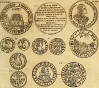 An illustration from Silesia numismatica, oder, Einleitung zu dem schlesischen Müntz-Cabinet : in welchem biss 368 Theils sehr alte rare und schöne, im Lande verfertigte Müntzen durch accurate Kupffer gewiesen, umbständlich erkläret und dabey viele in der schlesischen Historie begangene Fehler deutlich endecket werden (1711)