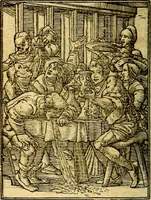 An illustration from Simolachri, historie, e figure de la morte. La medicina de l'anima [di Urbanus Rhegius] Il modo, e la via di consolar gl'infermi. Un sermone di San Cipriano, de la mortalità. Due orationi, l'una à Dio, e l'altra à Christo. Un sermone di D. Giovan Chrisostomo, che ci essorta à patienza. Aiuntovi de novo molte figure mai più stampate (1549)