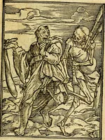 An illustration from Simolachri, historie, e figure de la morte. La medicina de l'anima [di Urbanus Rhegius] Il modo, e la via di consolar gl'infermi. Un sermone di San Cipriano, de la mortalità. Due orationi, l'una à Dio, e l'altra à Christo. Un sermone di D. Giovan Chrisostomo, che ci essorta à patienza. Aiuntovi de novo molte figure mai più stampate (1549)