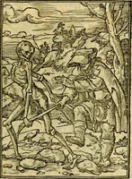 An illustration from Simolachri, historie, e figure de la morte. La medicina de l'anima [di Urbanus Rhegius] Il modo, e la via di consolar gl'infermi. Un sermone di San Cipriano, de la mortalità. Due orationi, l'una à Dio, e l'altra à Christo. Un sermone di D. Giovan Chrisostomo, che ci essorta à patienza. Aiuntovi de novo molte figure mai più stampate (1549)