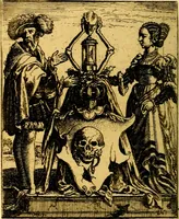 An illustration from Simolachri, historie, e figure de la morte. La medicina de l'anima [di Urbanus Rhegius] Il modo, e la via di consolar gl'infermi. Un sermone di San Cipriano, de la mortalità. Due orationi, l'una à Dio, e l'altra à Christo. Un sermone di D. Giovan Chrisostomo, che ci essorta à patienza. Aiuntovi de novo molte figure mai più stampate (1549)