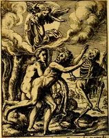An illustration from Simolachri, historie, e figure de la morte. La medicina de l'anima [di Urbanus Rhegius] Il modo, e la via di consolar gl'infermi. Un sermone di San Cipriano, de la mortalità. Due orationi, l'una à Dio, e l'altra à Christo. Un sermone di D. Giovan Chrisostomo, che ci essorta à patienza. Aiuntovi de novo molte figure mai più stampate (1549)