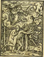 An illustration from Simolachri, historie, e figure de la morte. La medicina de l'anima [di Urbanus Rhegius] Il modo, e la via di consolar gl'infermi. Un sermone di San Cipriano, de la mortalità. Due orationi, l'una à Dio, e l'altra à Christo. Un sermone di D. Giovan Chrisostomo, che ci essorta à patienza. Aiuntovi de novo molte figure mai più stampate (1549)