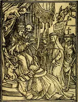 An illustration from Simolachri, historie, e figure de la morte. La medicina de l'anima [di Urbanus Rhegius] Il modo, e la via di consolar gl'infermi. Un sermone di San Cipriano, de la mortalità. Due orationi, l'una à Dio, e l'altra à Christo. Un sermone di D. Giovan Chrisostomo, che ci essorta à patienza. Aiuntovi de novo molte figure mai più stampate (1549)