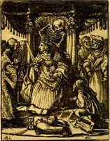 An illustration from Simolachri, historie, e figure de la morte. La medicina de l'anima [di Urbanus Rhegius] Il modo, e la via di consolar gl'infermi. Un sermone di San Cipriano, de la mortalità. Due orationi, l'una à Dio, e l'altra à Christo. Un sermone di D. Giovan Chrisostomo, che ci essorta à patienza. Aiuntovi de novo molte figure mai più stampate (1549)